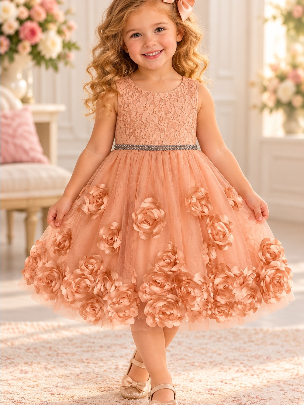 Girls 3T Blush Lace Rose Tulle Formal Party Dress EUC